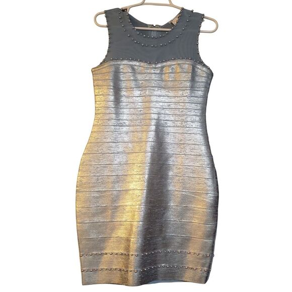 Venus Size‎ M Blue Silver Shimmer Sleeveless Sheath Dress Pearl Trim - Picture 1 of 14